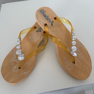 Skechers Cali Rhinestone Wedge Sandals Yellow Jelly Strap Flip Flops